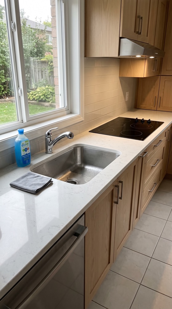 The same kitchen after cleaning, spotless counters and empty sink