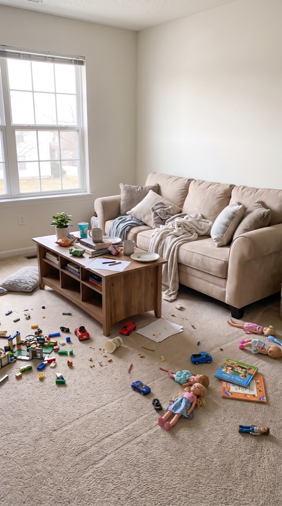Living room before cleaning, toys and clutter across the carpet